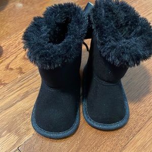Baby girl size one black fur boots with Velcro sides